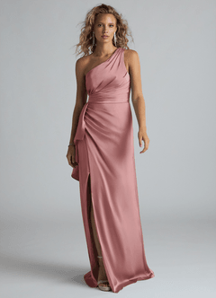 Azazie Maive Bridesmaid Dresses Dusty Rose Sheath Ruched Stretch Satin Dress image1