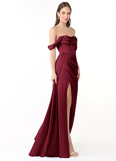 Azazie Amyra At-home Try On Dresses Burgundy Mermaid Off the Shoulder Stretch Satin Convertible Dress image4