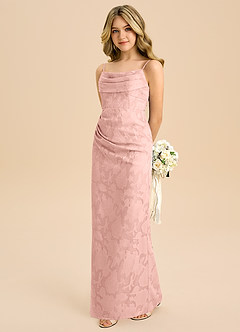 Azazie Mai Junior Powder Pink Sheath Pleated Floral Burnout Dress image1