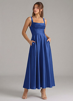 Azazie Shaude Bridesmaid Dresses Royal Blue A-Line Pleated Stretch Satin Dress image3
