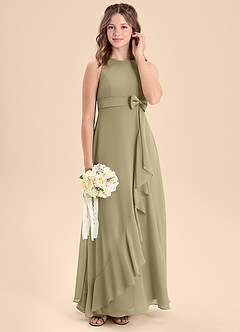 Azazie Lilenne Junior Abito A-Line in Chiffon Fiocco Verde Muschio image3