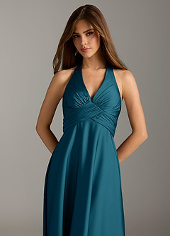 Azazie Tessie Bridesmaid Dresses Ink Blue A-Line Pleated Stretch Satin Dress image6