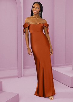 Barbie ♥ Azazie Bridesmaid Dresses Burnt Orange Sheath Off the Shoulder Stretch Satin Convertible Dress image10