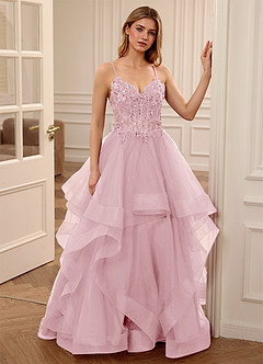 Zinnia Pink A-line Floral V-neck Tulle Tier Prom Dress image5