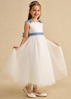 Azazie Lilli Flower Girl Dresses Ivory Dusty Blue A-Line Bow Tulle Dress image1
