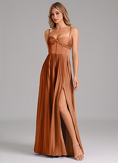 Azazie Akiko Robes de demoiselle d'honneur Robe Trapèze en Satin extensible Encolure en Forme de Cœur Cuivre image4