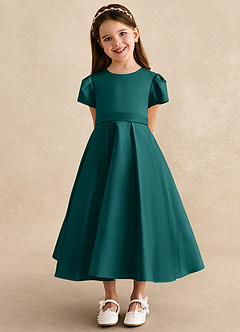 Azazie Princess Flower Girl Dresses Peacock A-Line Pleated Matte Satin Dress image6