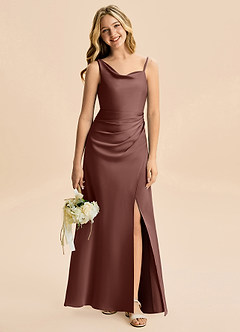 Azazie Abby Junior Espresso Sheath Pleated Stretch Satin Dress image1