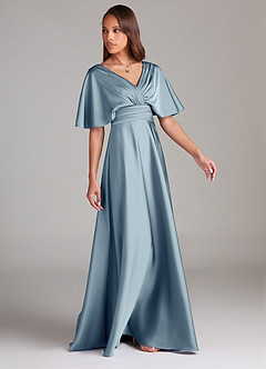 Azazie Pamela Robes de demoiselle d'honneur Robe Trapèze en Satin extensible Plissée Bleu Poussiéreux image3