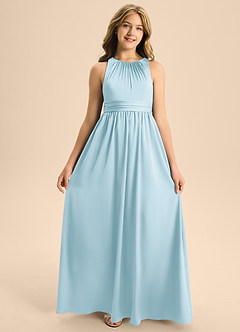 Azazie Jaylah Junior Robe Trapèze en Satin extensible Plissée Bleu Ciel image6