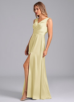 Azazie Karina Robes de demoiselle d'honneur Robe Trapèze en Satin extensible Plissée Sorbet Citron image3