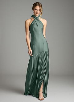 Azazie Nayeli Final Sale Sea Moss A-Line Pleated Stretch Satin Dress image1