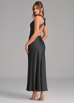 Azazie Evadne Vestidos de damas de honor Vestido de Negro de Satén Elástico de Corte Recto con Plisado image2