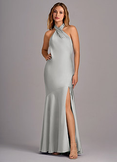 Azazie Lorena Bridesmaid Dresses Silver Mermaid Pleated Stretch Satin Dress image1