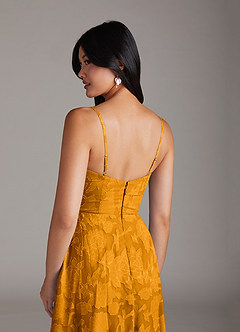 Azazie Moira Bridesmaid Dresses Butterscotch A-Line Side Slit Floral Burnout Dress image6