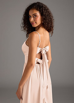 Azazie Zeya Bridesmaid Dresses Blushing Pink A-Line Pleated Stretch Satin Dress image5