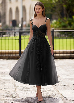 Zosia Black Lace A-line Lace Up Back Midi Dress | Azazie