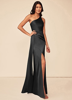 Azazie Maron At-home Try On Dresses Black A-Line One Shoulder Stretch Satin Dress image3