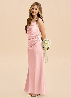 Azazie Nova Junior Powder Pink Sheath Pleated Stretch Satin Dress image1