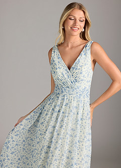 Azazie Kora Bridesmaid Dresses Blue And White Ditsy Floral A-Line Pleated Chiffon Dress image5