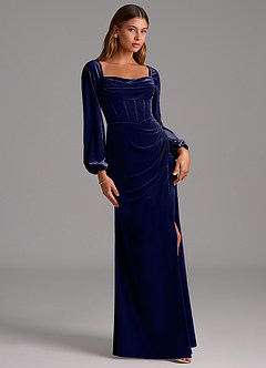 Azazie Charissa Bridesmaid Dresses Dark Navy Sheath Long Sleeve Velvet Dress image3