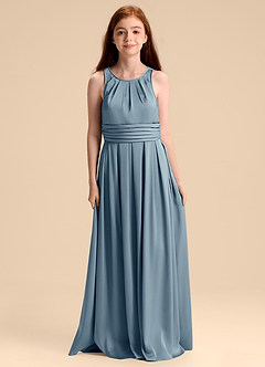 Azazie Bibiane Junior Dusty Blue A-Line Pleated Stretch Satin Dress image3