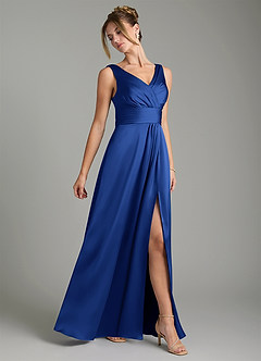 Azazie Karina Robes de demoiselle d'honneur Robe Trapèze en Satin extensible Plissée Bleu Roi image4
