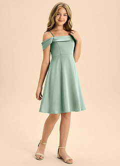 Azazie Anselie Junior Jurk van Stretch Satijn met A-Lijn Geplooid Agave image6