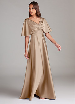 Azazie Pamela Bridesmaid Dresses Taupe A-Line Pleated Stretch Satin Dress image3