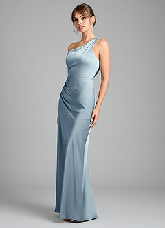 Azazie Madelyn Bridesmaid Dresses Dusty Blue Mermaid One Shoulder Stretch Satin Convertible Dress image6