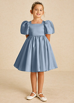 Azazie Muffin Flower Girl Dresses Dusty Blue A-Line with Sleeves Matte Satin Dress image2