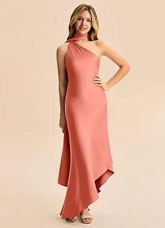 Azazie Briony Junior Etui Plissee Stretch-Satin Kleid Lachsrosa image3