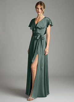 Azazie Lainey Bridesmaid Dresses Sea Moss A-Line with Pockets Stretch Satin Dress image4
