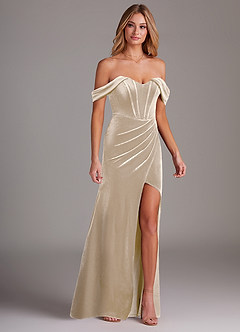 Azazie Jas Bridesmaid Dresses Champagne Sheath Off-The-Shoulder Corset Velvet Convertible Dress image4