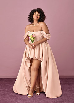Barbie ♥ Azazie Wedding Dresses English Rose Ball-Gown Off the Shoulder Stretch Satin Dress image7