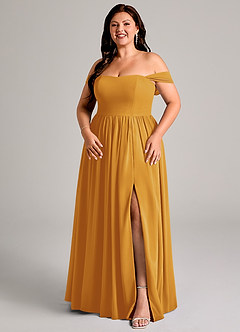 Azazie Calianna 신부 들러리 드레스 A라인 오프 더 숄더 쉬폰 바닥 길이 드레스 image14