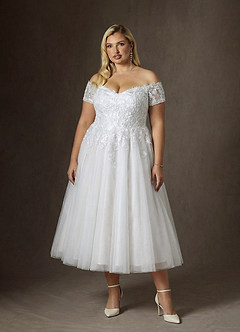 Azazie Rowe At-home Try On Dresses Diamond White A-Line Off the Shoulder Lace Dress image9