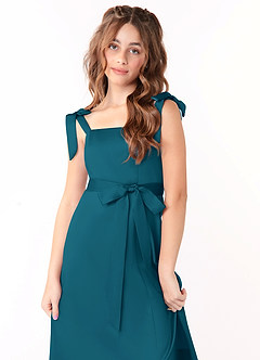 Azazie Barbara Junior Ink Blue A-Line Bow Matte Satin Dress image5