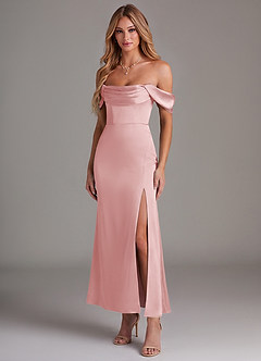 Azazie Saige Bridesmaid Dresses Powder Pink Mermaid Off the Shoulder Stretch Satin Dress image1