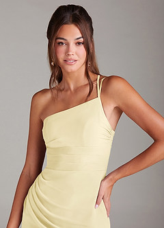 Azazie Eren Vestidos de damas de honor Vestido de Sorbete De Limón de Gasa de Corte Recto con Hombro unilateral image6