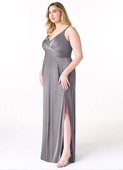 Azazie Aqua Bridesmaid Dresses Shadow A-Line V-Neck Pleated Stretch Satin Dress image10