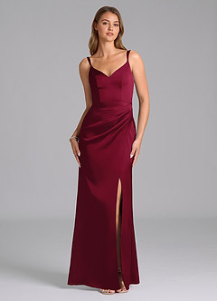 Azazie Leo Final Sale Burgundy Sheath Pleated Stretch Satin Dress image1
