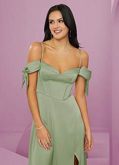 Barbie ♥ Azazie Abiti da Damigella Abito A-Line in Raso Elasticizzato a Spalla Scoperta Verde Salvia image12