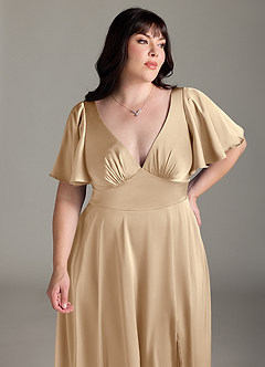Azazie Kimber Brudtärnklänningar Klänning av A-Line i Stretch Satin Ruched Champagne image11