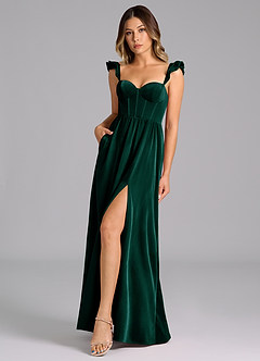 Azazie Denisse Bridesmaid Dresses Emerald A-Line Ruched Velvet Dress image1