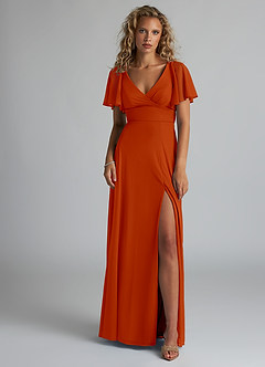 Azazie Induh Bridesmaid Dresses Paprika A-Line Flutter V-neck Mesh Dress image2