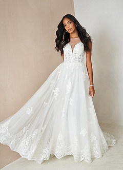 Azazie Angelique Wedding Dresses Ball-Gown Lace Tulle Chapel Train Dress image4