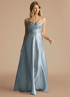 Azazie Oliana Robes de demoiselle d'honneur Robe Trapèze en Satiné métallisé Plissée Bleu Poussiéreux image5