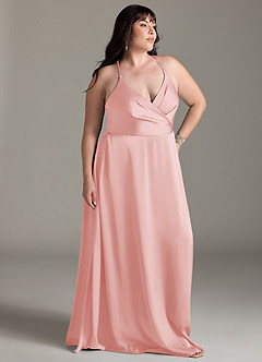 Azazie Davis Vestidos de damas de honor Vestido de Rosa Empolvado de Satén Elástico de Corte en A con Plisado image3