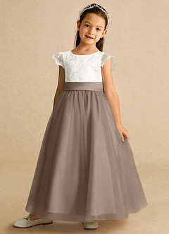 Azazie Pookie Flower Girl Dresses Taupe A-Line Lace Tulle Dress image1